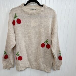Estee Brown Paris Cream & Red Cherries Knit Sweater Balloon Sleeves NEW